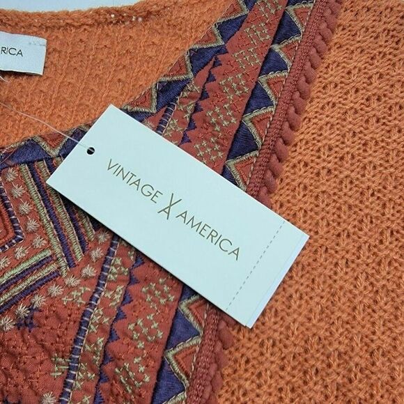 Vintage America Women's Bohemian Style Sweater Size Medium Orange Draw String - Picture 5 of 9